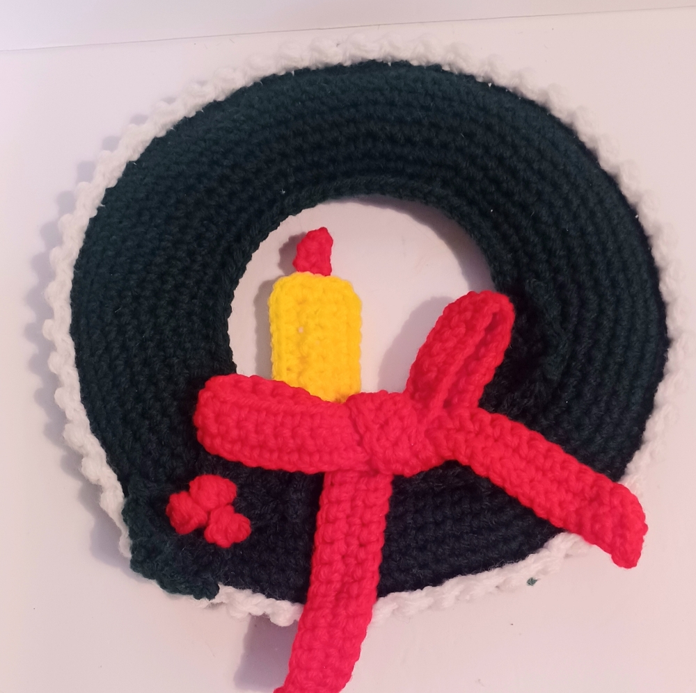 Crocheted Christmas Wreath with Candle, Bow, and Holly Berries
